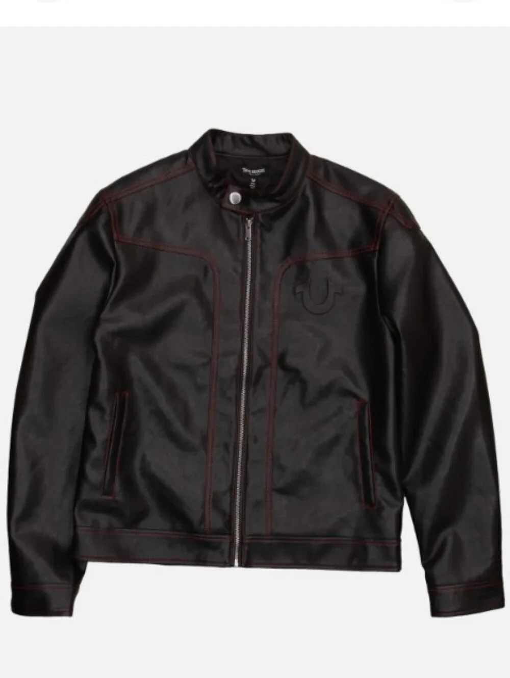 New True Religion Mens XL PU Moto Jacket Black Red Contrast Stitch